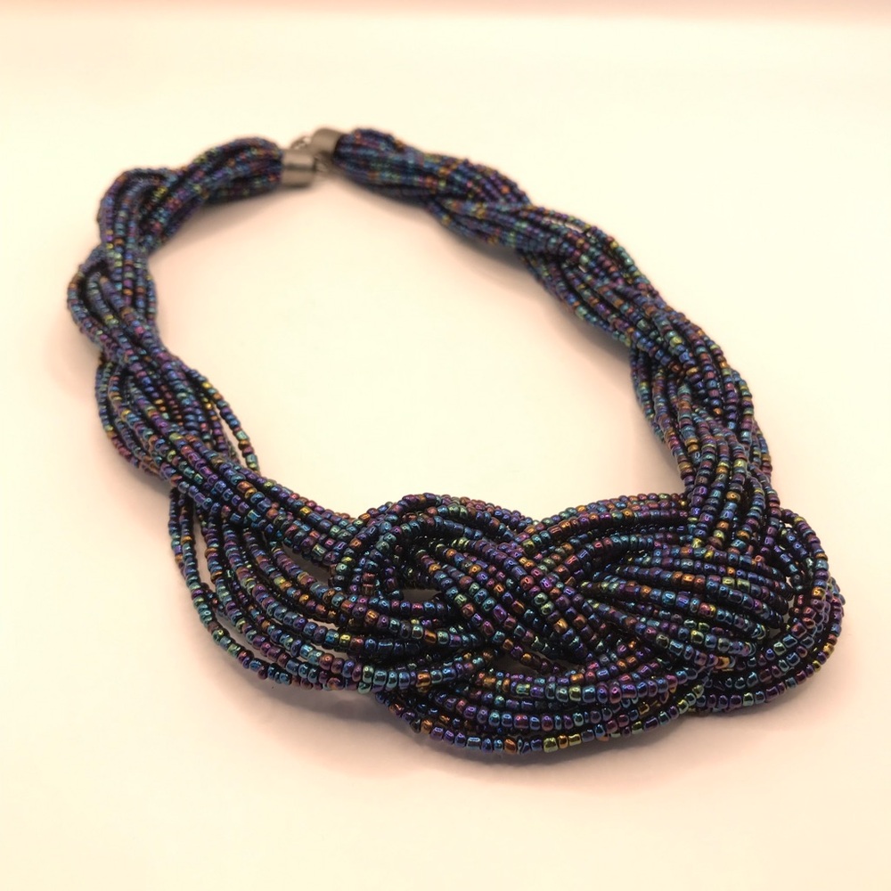 Multi-Strand Peacock Colored Seed Bead Braided Statement Necklace - Picture 5 of 7